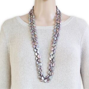 Vintage Coin Pearl Necklace Knotted Triple Strand Iridescent Purple 34” Long